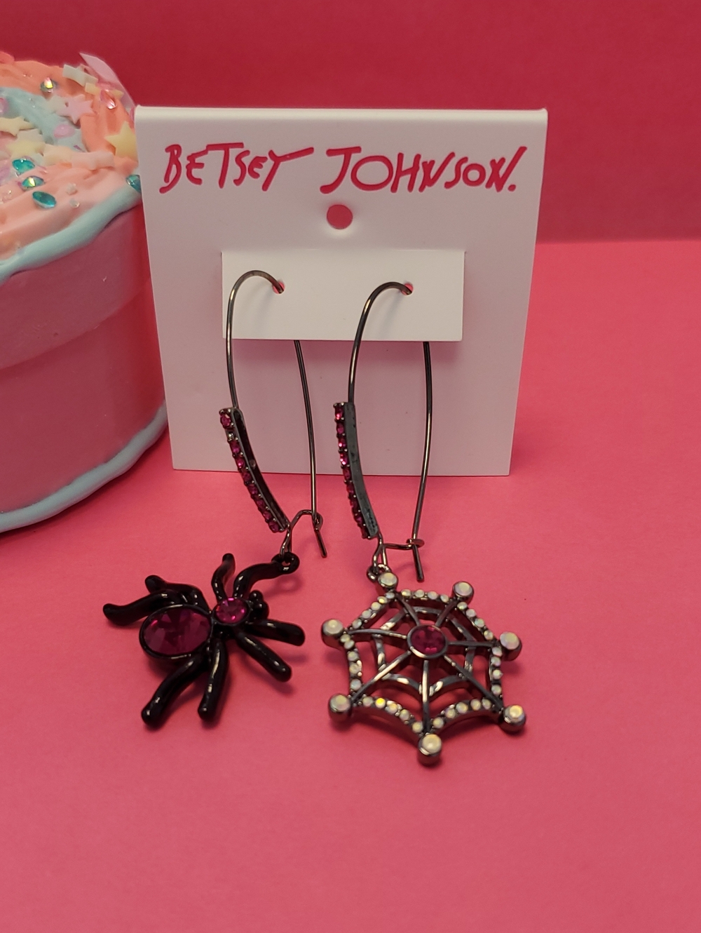 Betsey Johnson Pink Spider & Web Dangle Earrings